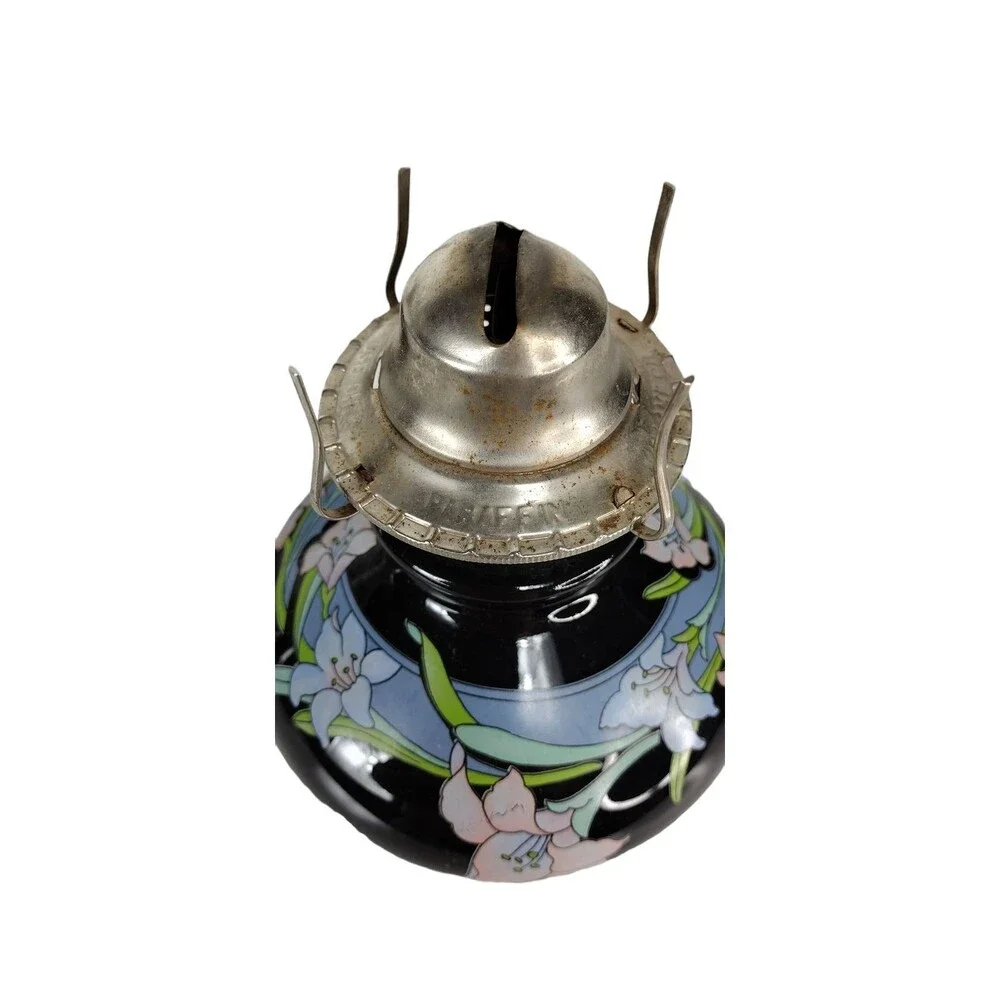 Kaadan LTD 80s Vintage Hand-Painted Black Glass Bamboo Floral Design Oil Lamps